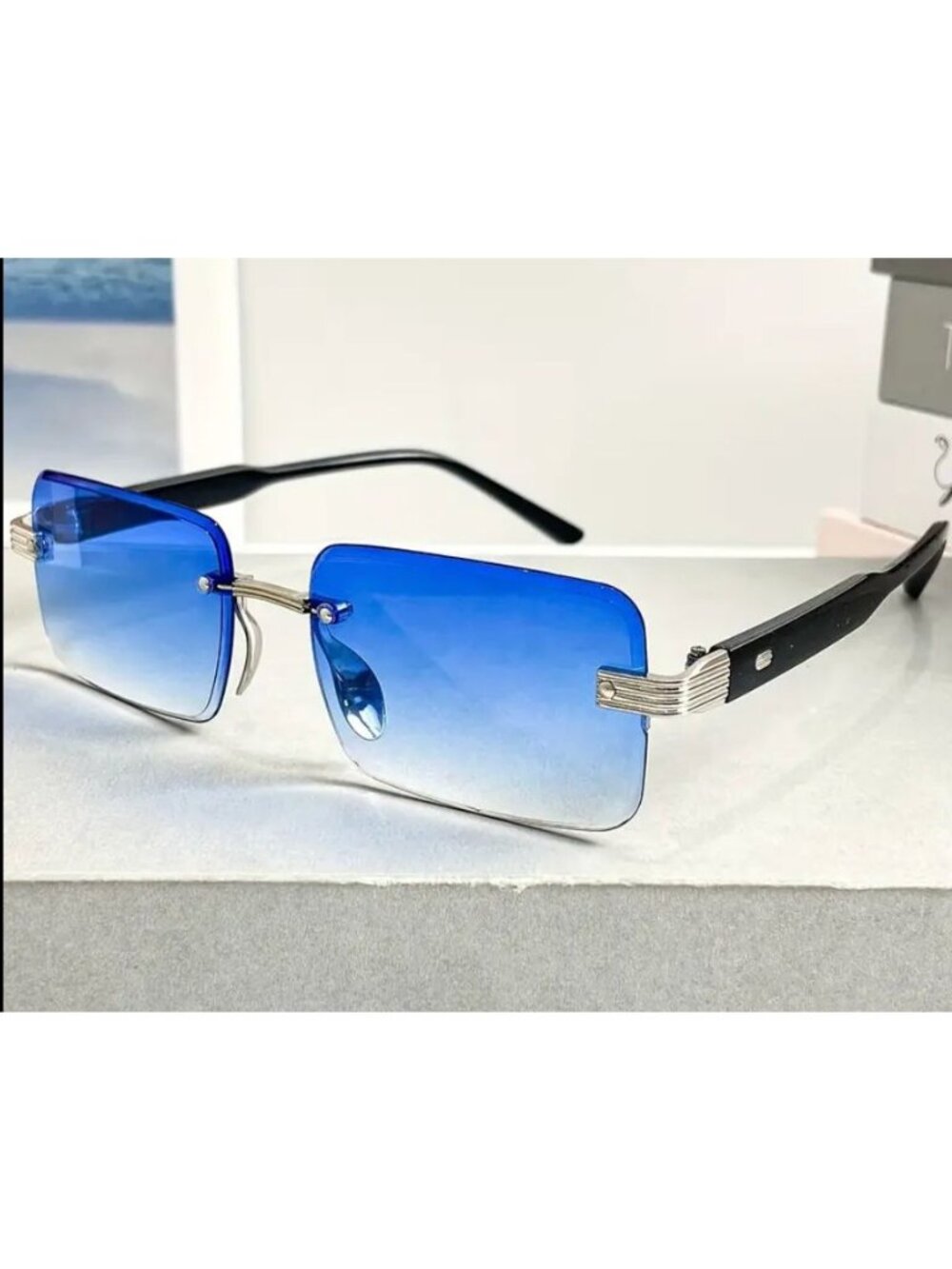 Retro Rectangle Sunglasses Blue Gradient Lens Silver & Black Arms Unisex Y2K